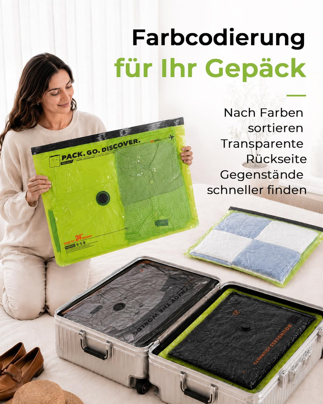 Vacbird 15 Stück Vakuumbeutel für Kleidung mit kabelloser Vakuumpumpe, 6 x 40x54cm, 6 x 47x64cm, 3 x