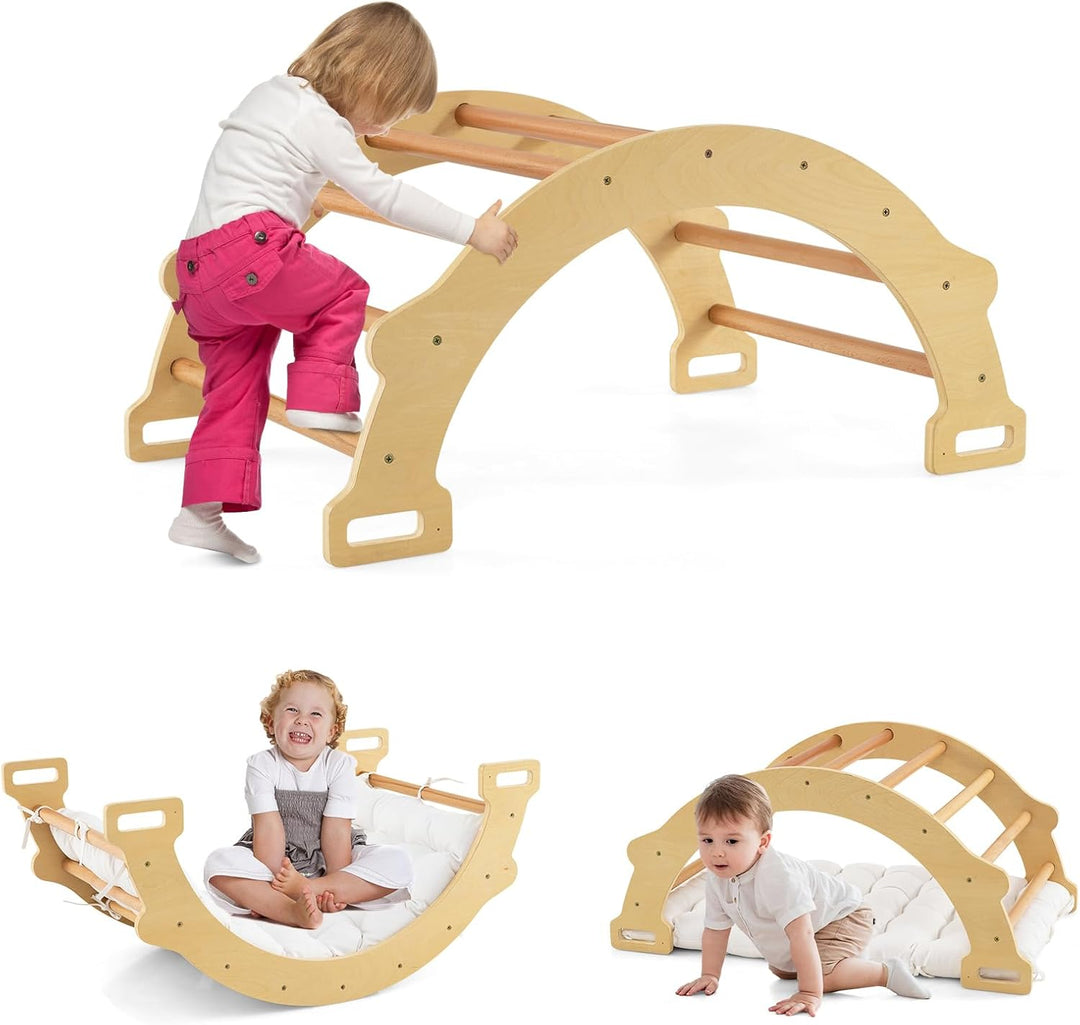 GOPLUS Kinder Kletterbogen mit Kissen, Kletterdreieck Indoor aus Holz, Klettergerüst zum Wippen und