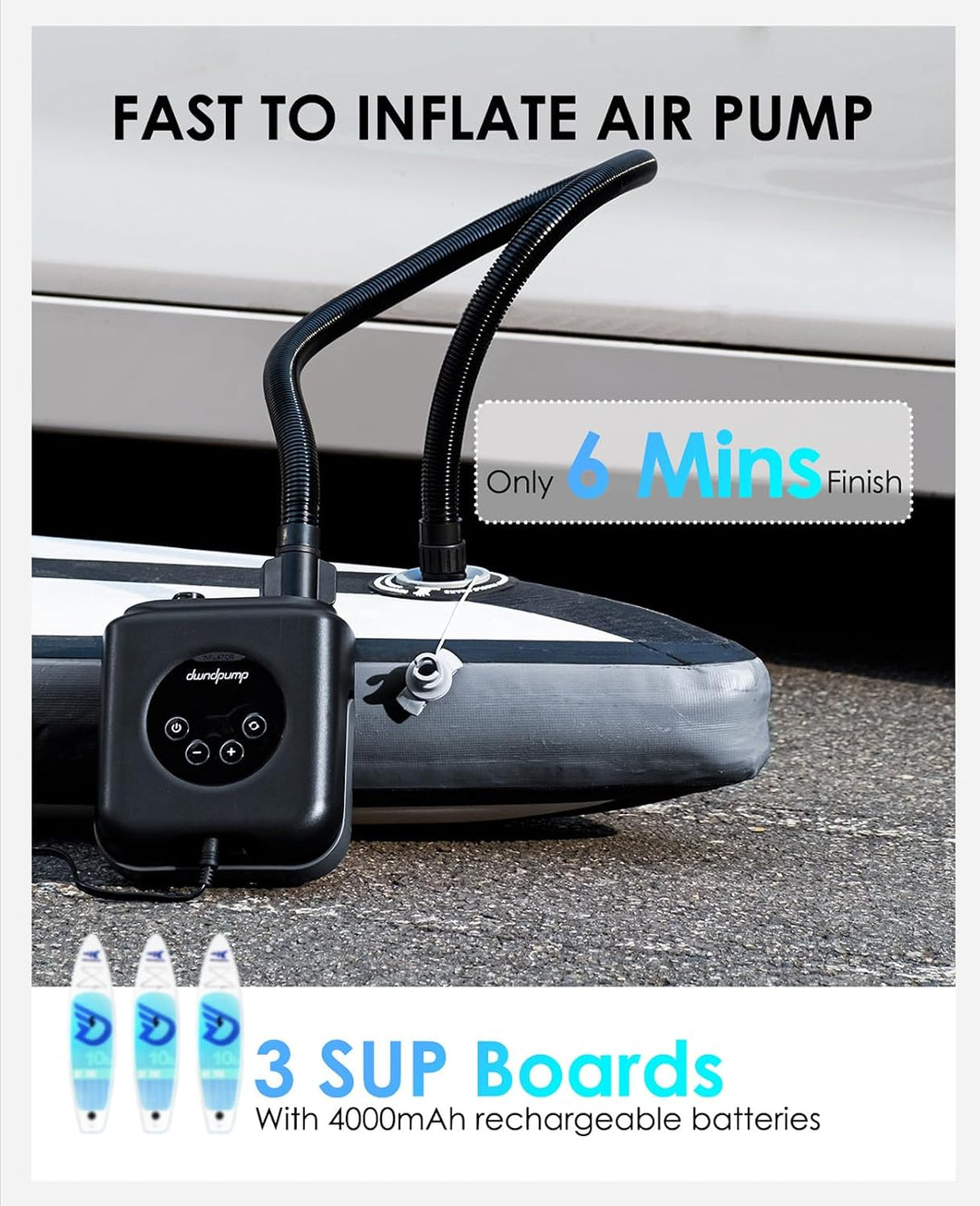 dwndpump Elektrische SUP Pumpe HOBO PRO, Wiederaufladbare 20PSI | 12V Autoanschluss Zweistufige Kabe