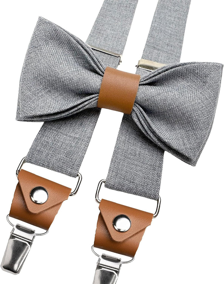 LINILI Leinen Accessoires SET: Fliege, Hosenträger, Einstecktuch- Fliege bereits gebunden, verstellb