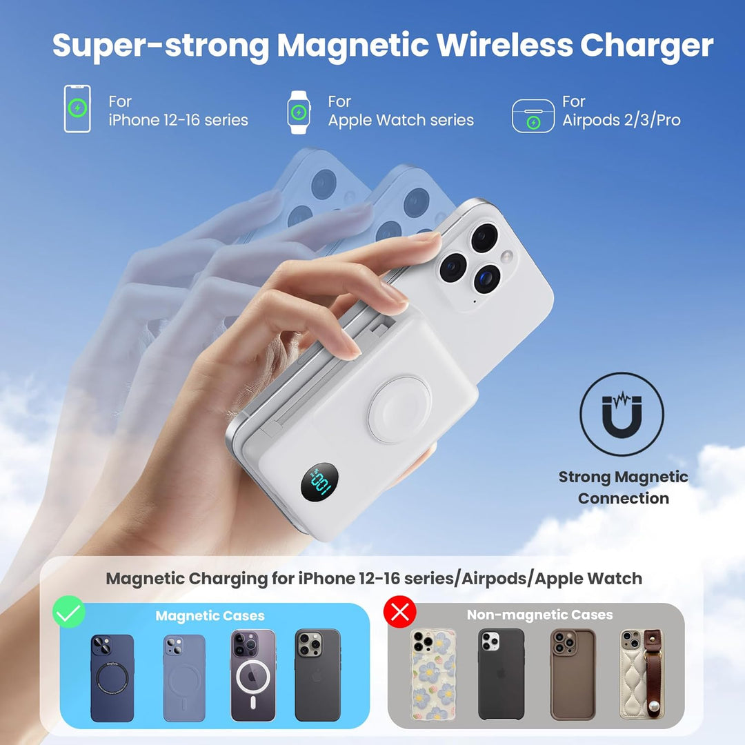 Magnetische Power Bank mit Ladekabel für MagSafe, 10800mAh Wireless PowerBank mit i-Watch Ladegerät,
