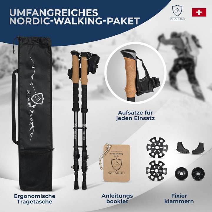 Nordic Walking Stöcke für Damen und Herren | rutschfeste Korkgriffe | Mit Tragetasche und Aufsätzen
