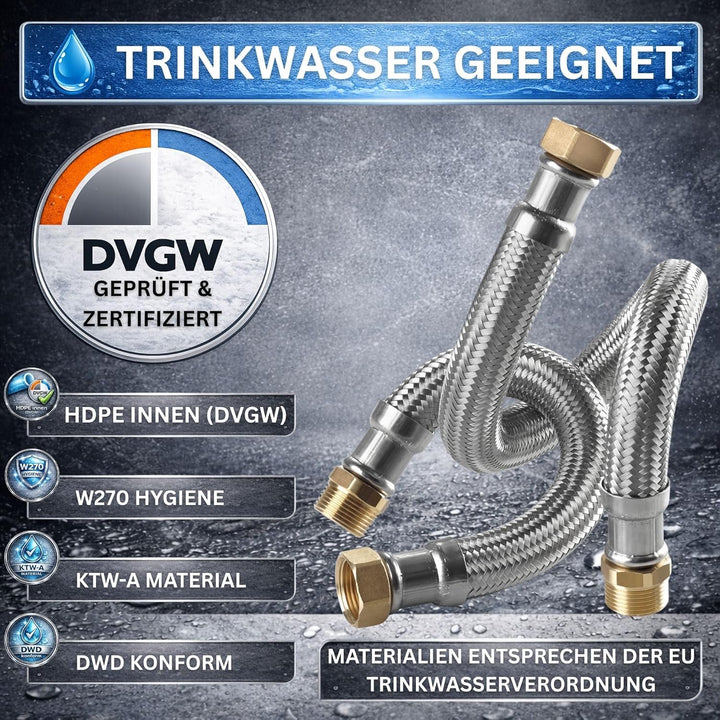 DVGW gep. Panzerschlauch 3/4 Zoll DN20 DN19 Edelstahl Flexschlauch Wasseranschluss Heizung Enthärtun
