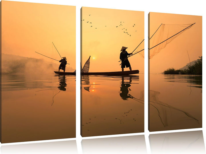 Pixxprint Fischer beim Angeln in Thailand als Leinwandbild/Grösse: 3 Teilig (120x80) / Wandbild/Kuns