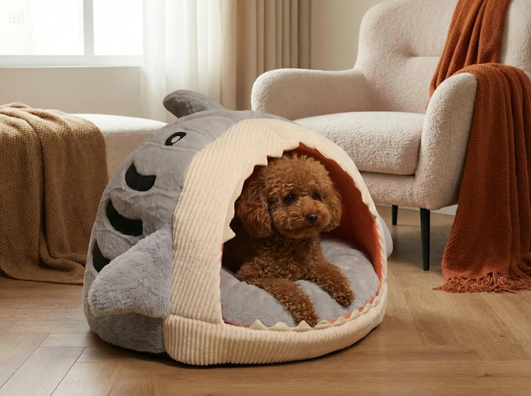 Katzenhöhle Hai: Weiches Katzenbett & Hundebett waschbar Grau, grau