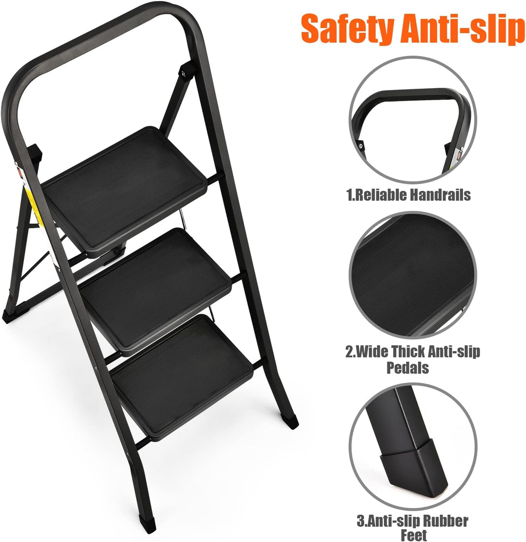 HBTower Leiter 3 Stufen Klappbar, Trittleiter mit Anti-Rutsch-Pedal, 20 cm breite Stufen, 150KGS Kap