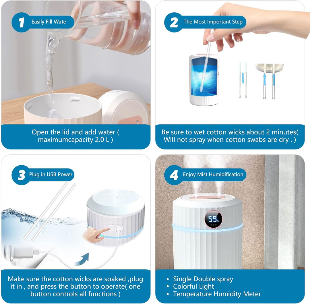 Luftbefeuchter,2L Luftbefeuchter Schlafzimmer,Humidifier Kinderzimmer mit 2 Nebelmodi und 7 Farben L
