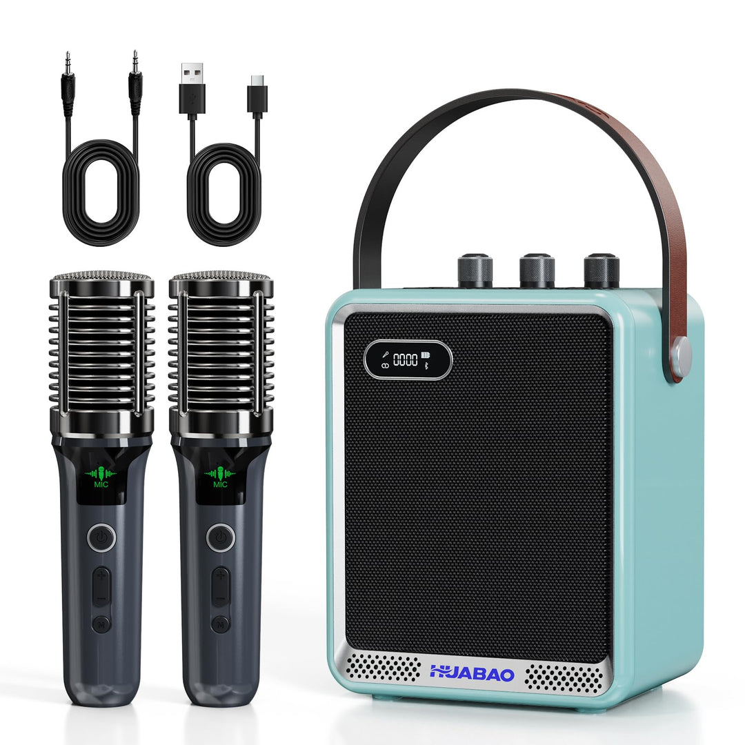 Karaoke-Anlage mit 2 drahtlosen Mikrofonen, tragbarer Bluetooth-Lautsprecher mit Mikrofon, kompakter