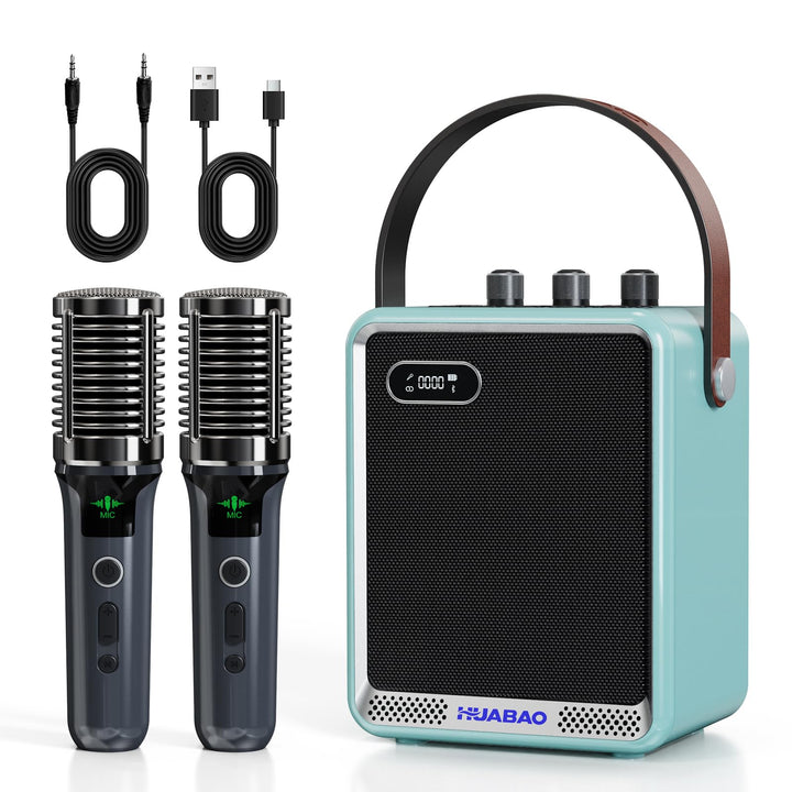 Karaoke-Anlage mit 2 drahtlosen Mikrofonen, tragbarer Bluetooth-Lautsprecher mit Mikrofon, kompakter