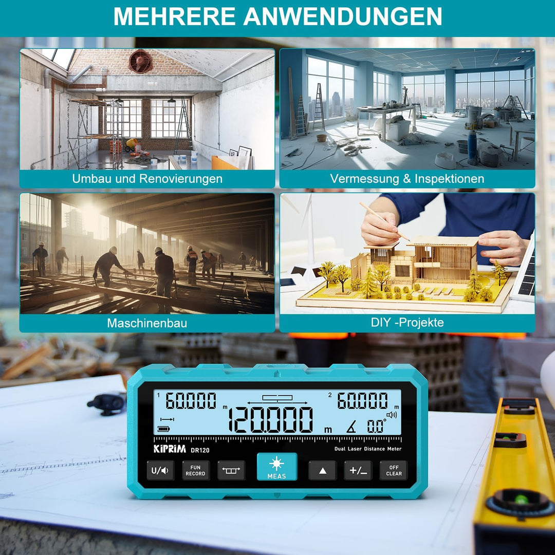 Kiprim 120m Dual Laser Entfernungsmesser DR120 mit Bidirektionaler Laserausstrahlung, Vertikaler Las