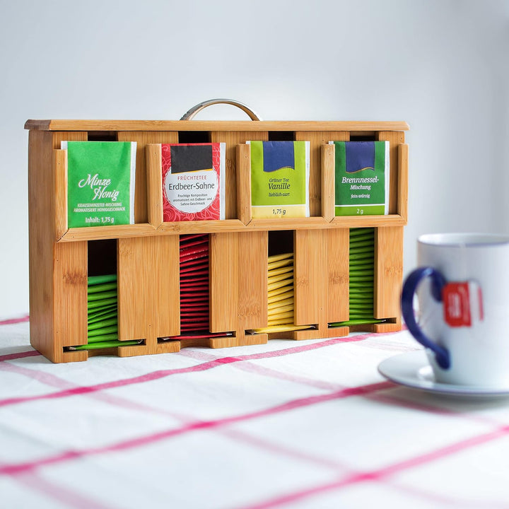 Relaxdays Teebeutelspender aus Bambus H x B x T: 22 x 33 x 10 cm Teebox für ca. 160 Teebeutel Teekis