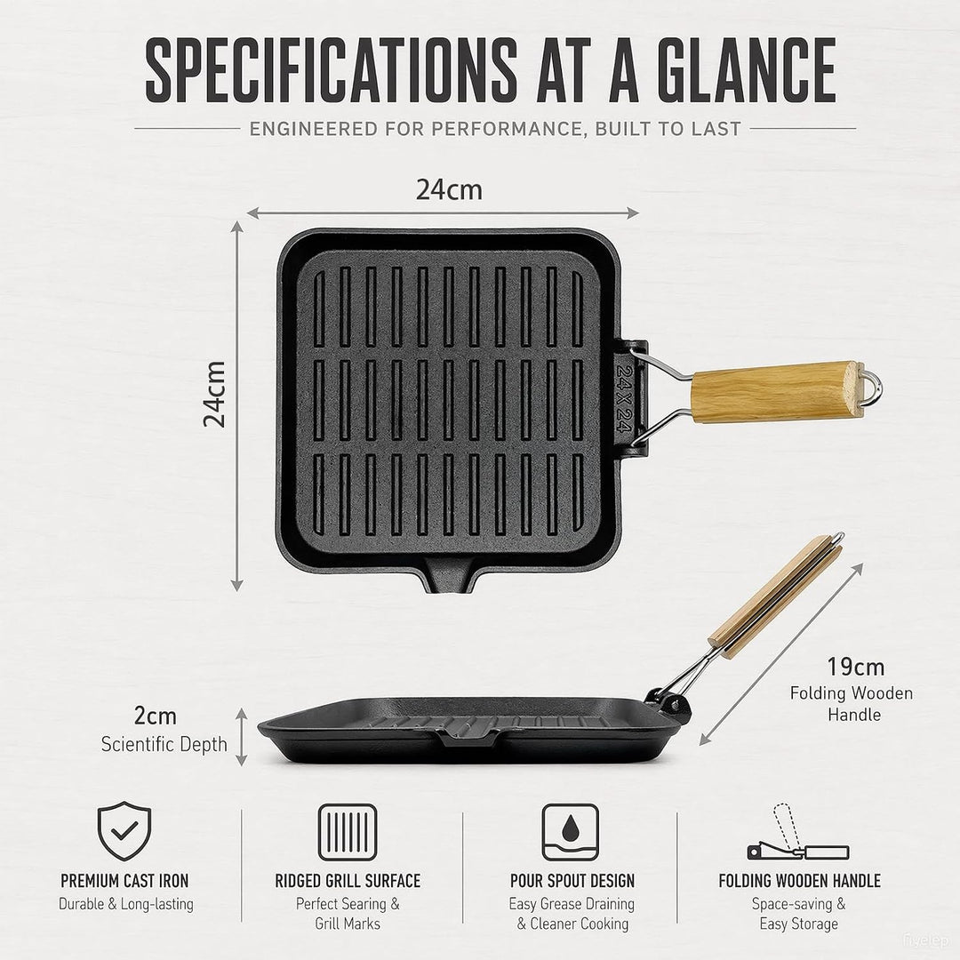 Steakpfanne Gusseisen,Grillpfanne mit Klappbarem Holzgriff Viereckige Grill Pan Induktion Für Alle H