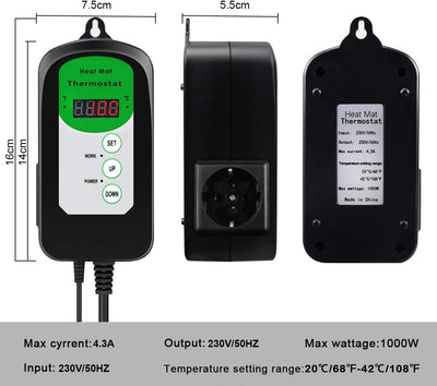 RIOGOO Digitaler Heizmattenthermostatregler für Samenkeimung, Reptilien und Brauen 68-108 ℉ thermost