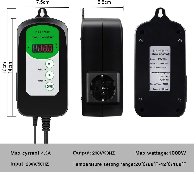 RIOGOO Digitaler Heizmattenthermostatregler für Samenkeimung, Reptilien und Brauen 68-108 ℉ thermost