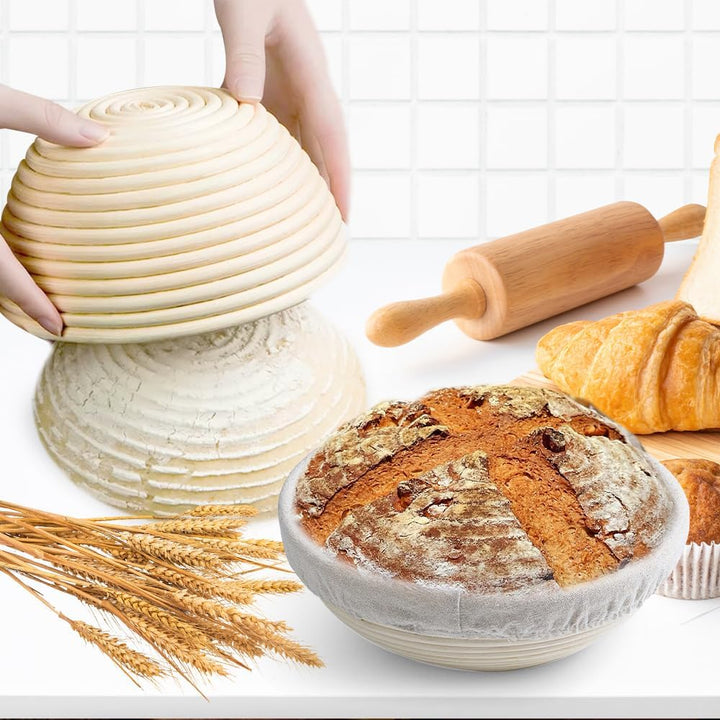 Gärkörbchen Rund, 10 Zoll Gärkörbchen für Brot mit Leineneinsatz, Natürlicher Rattan Gärkorb Brot, B