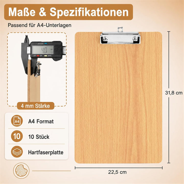 CYEER 10 Stück Klemmbrett A4 Holz Extra Dick 4MM, Klemmbretter A4, Schreibbrett Klemmbrett A4, Clipb