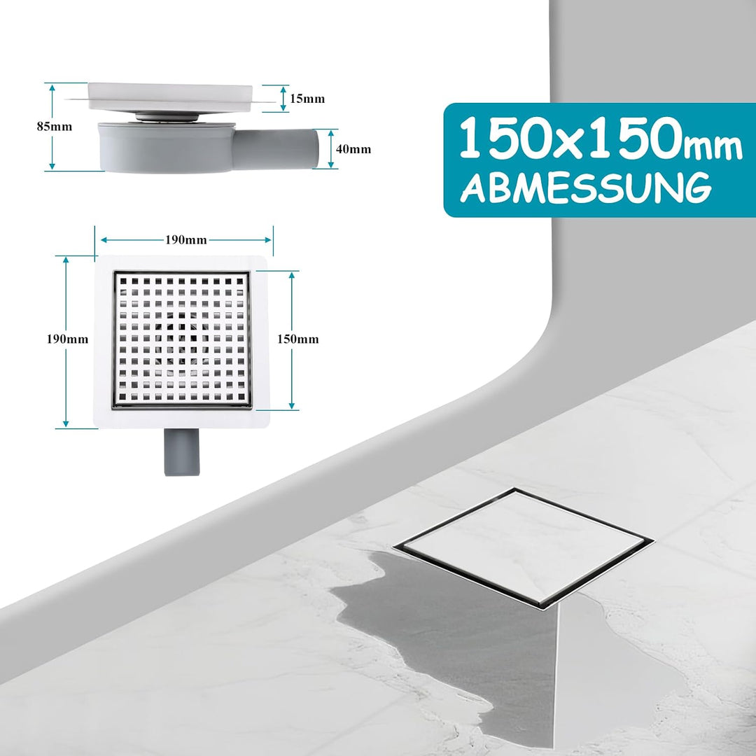 150 x 150 mm Bodenablauf Dusche Edelstahl Duschrinne mit 360° Siphon, Geruchsverschluss, Haarsieb un