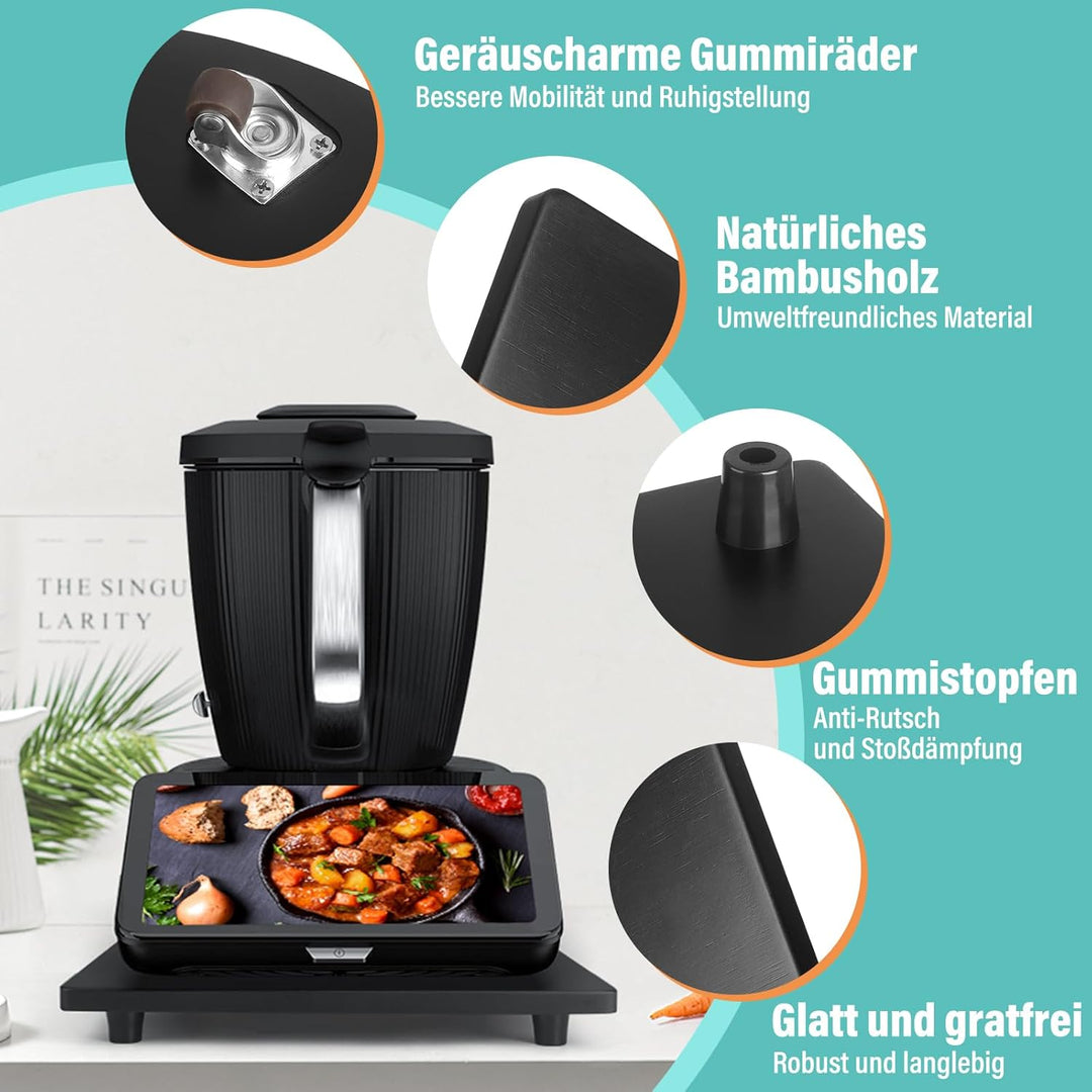 Bambus Gleitbrett für Thermomix TM7 – Mit 360° Rollen + Rutschfest Gummifüsse des Schnelles Bewegen/
