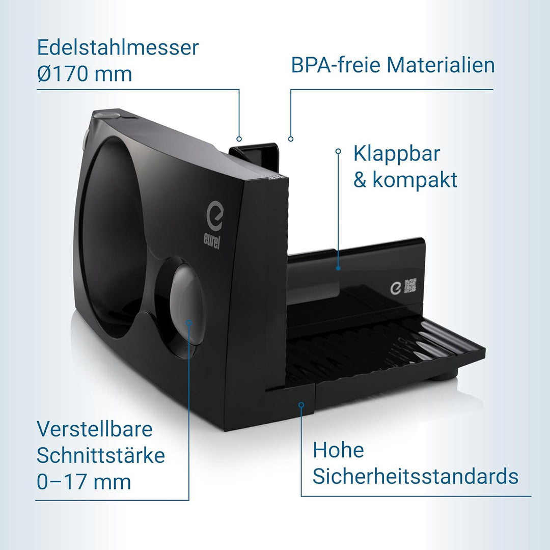 EUREL RS42 Allesschneider SCHWARZ Made in Europa I platzsparend klappbar Elektrischer Schneidemaschi