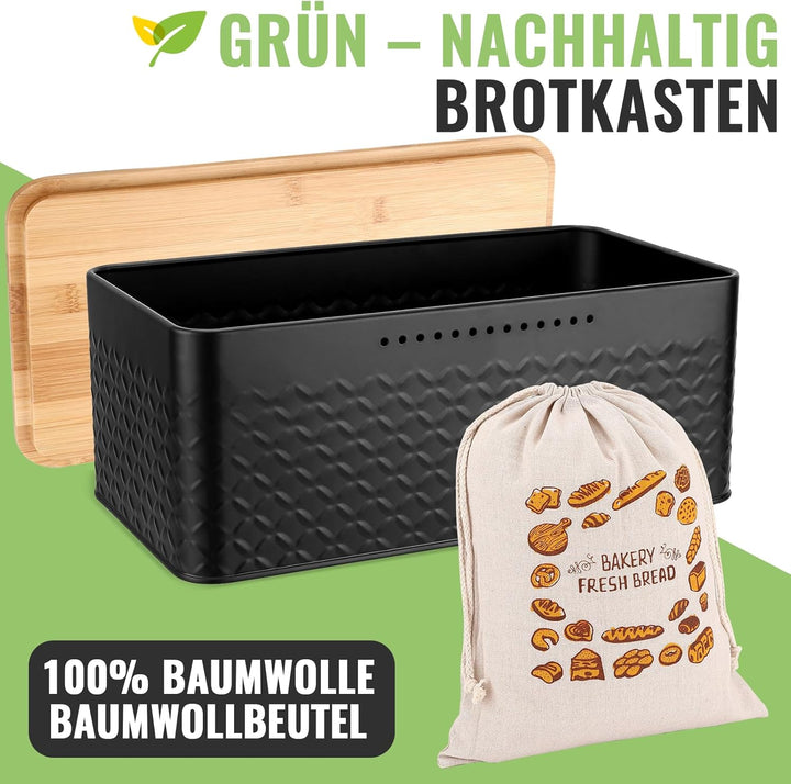 Royouzi Brotkasten mit Schneidebrett, 33x21x15cm, Dank Carbonbeschichtung Matte Brotbox mit Holzdeck