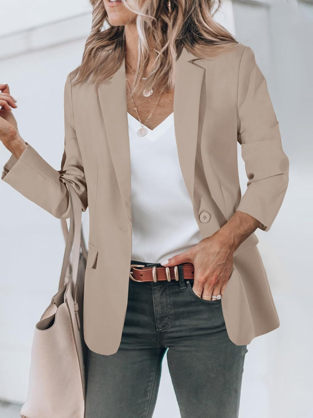 Cicy Bell Damen Langarm Casual Blazer Arbeit Büro Knopf Open Front Jacke Anzug XS Khaki, XS Khaki