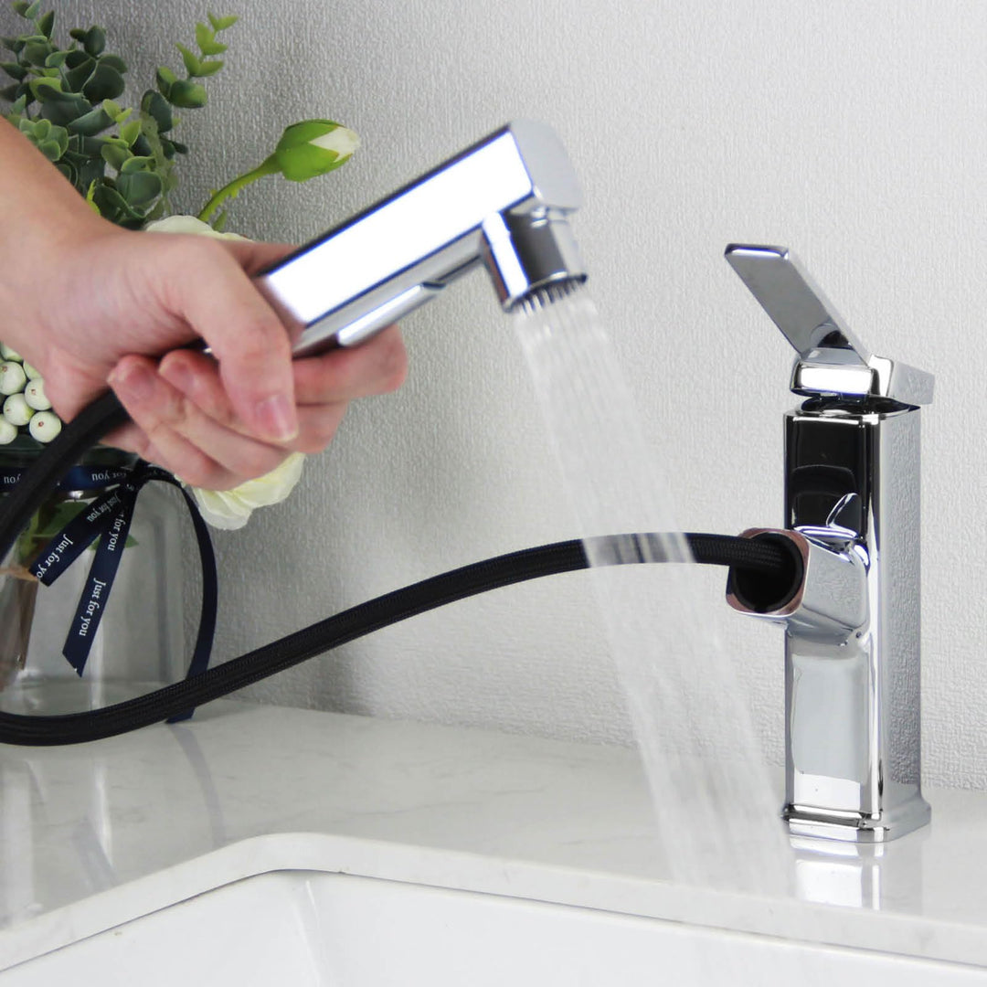 Wasserhahn Bad Ausziehbar, Hochdruck Waschtischarmatur mit Herausziehbarer Brause, SEMANEY Armatur B
