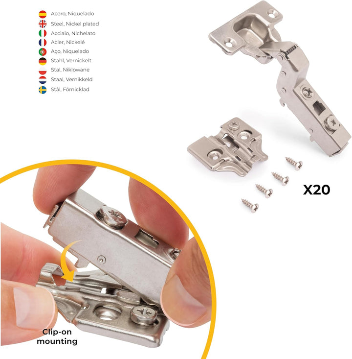 Emuca 1011507 Pack aus 20 Topfscharnieren Ø35mm 100° mit sanftem Verschluss für aneinanderstossende