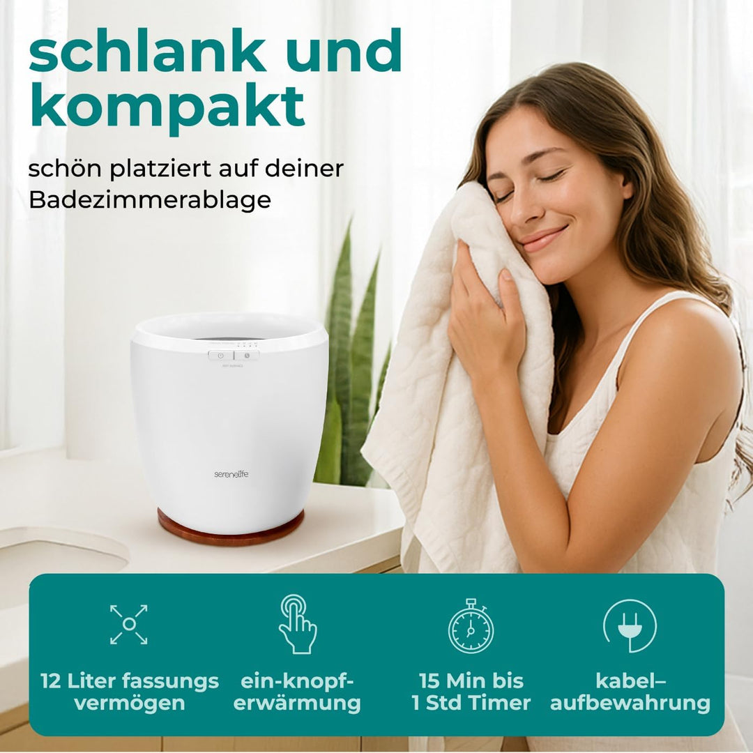 SereneLife Handtuchwärmer Elektrisch Braun Holzoptik – Kompakter Handtuchheizkörper mit Timer & Über