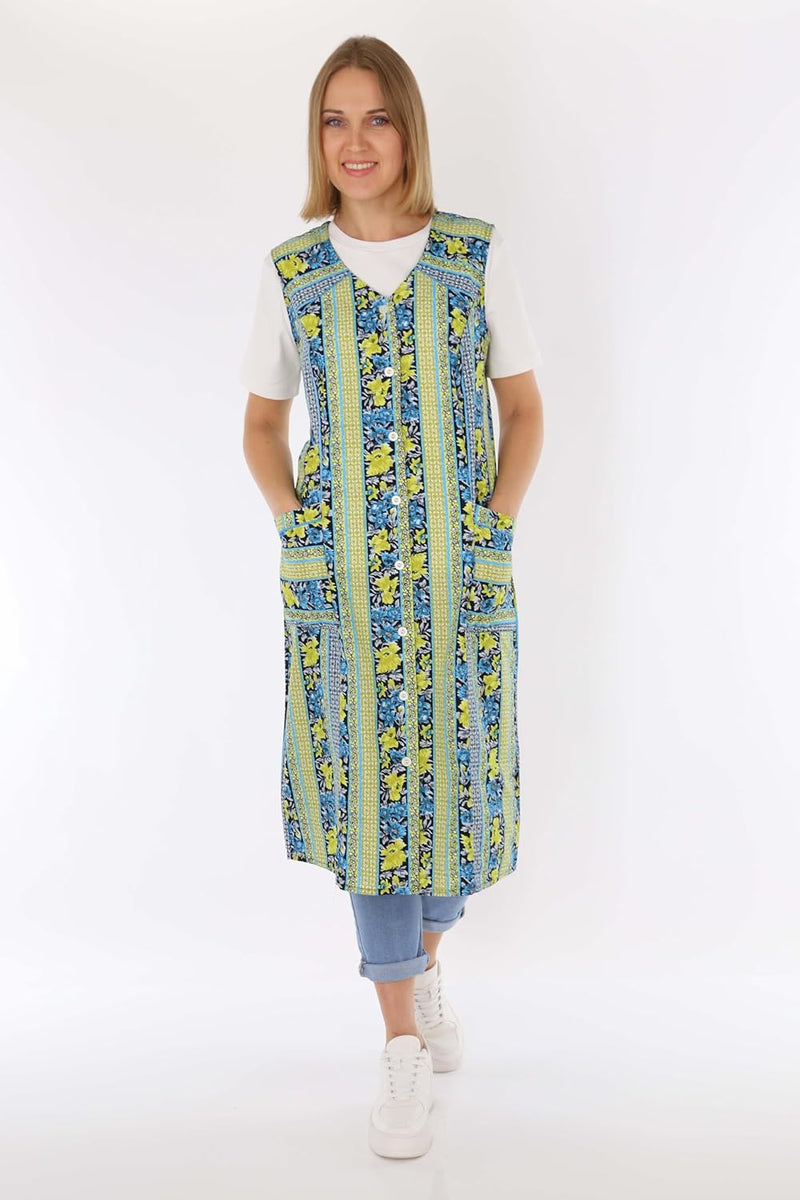 Knopfkittel Baumwolle bunt Kochschürze Hauskleid Kittel Schürze ohne Arm 38 Grün, 38 Grün
