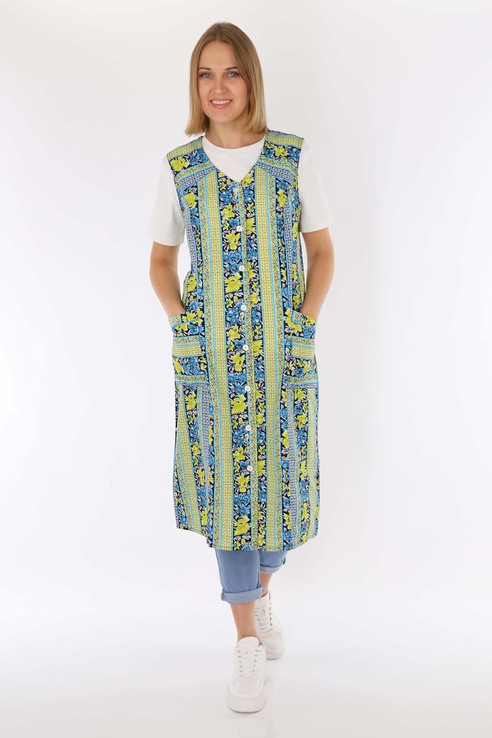 Knopfkittel Baumwolle bunt Kochschürze Hauskleid Kittel Schürze ohne Arm 38 Grün, 38 Grün