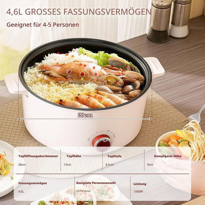 Hot Pot Elektrisch mit Dampfgarer, 4.6 L Tragbar Elektrischer Kochtopf 1000W, Multifunktionaler Hotp