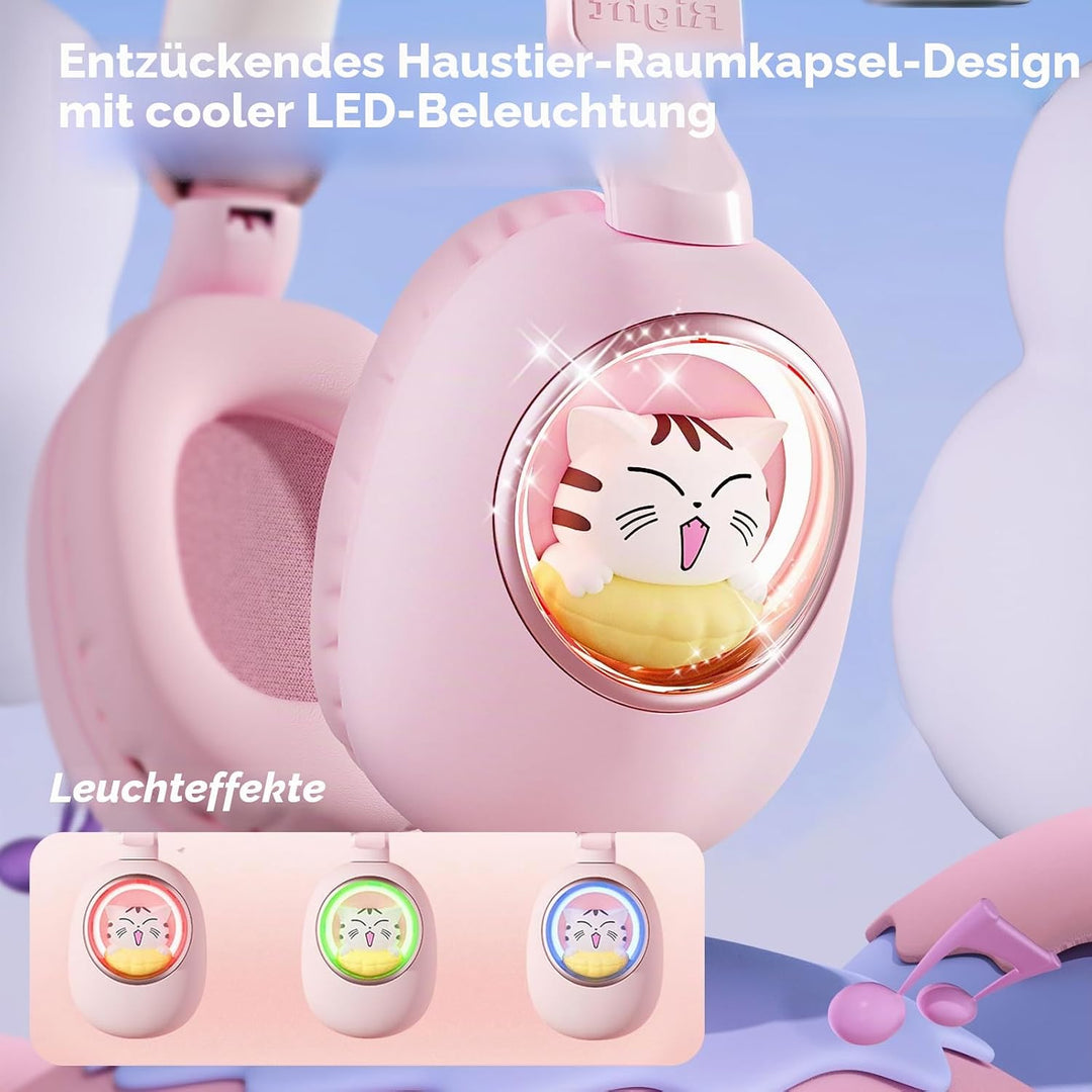 Kinder Kopfhörer mit Katzenohren, Bluetooth 5.4 Over-Ear Noise Cancelling Kopfhörer mit Mikrofon, LE