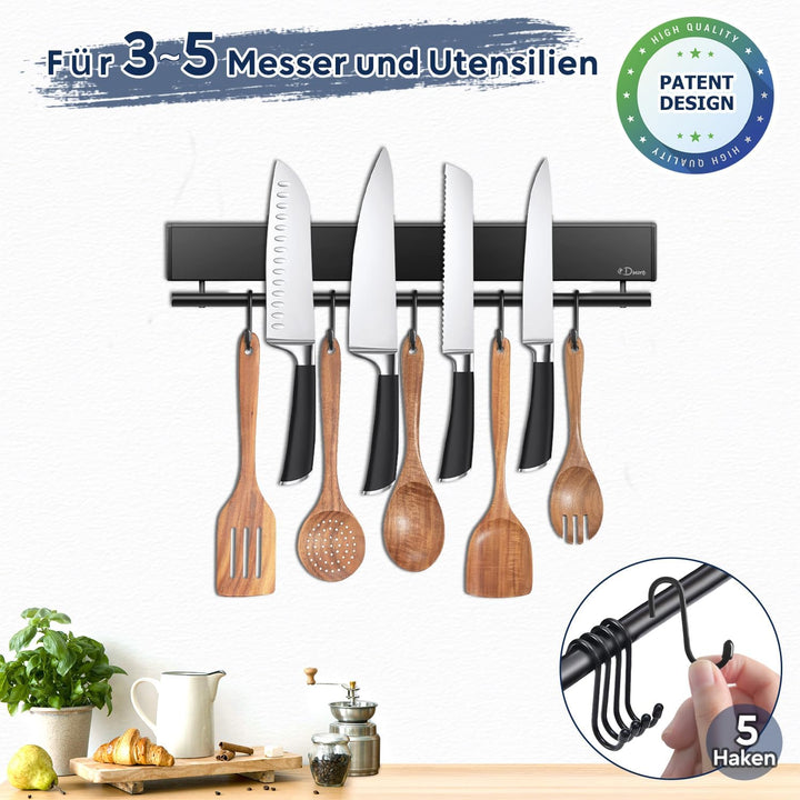 Dmore 30 cm Magnetleiste Messer mit 5 Haken, schwarzer Messerhalter magnetisch mit Hakenleiste, extr