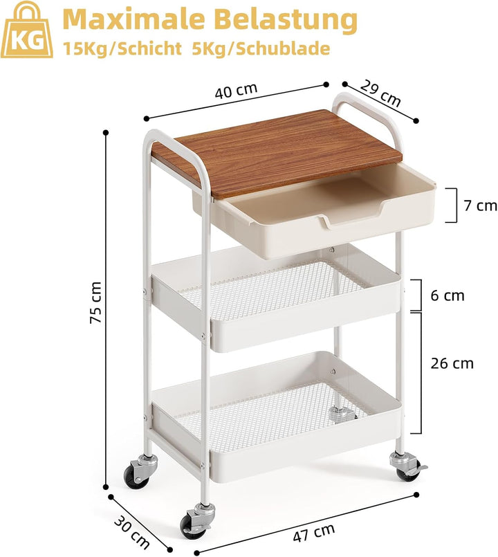 KINGRACK Aufbewahrungswagen 3-Ebenen mit Tischplatte, Multifunktionswagen aus Metall für Küche, Haus