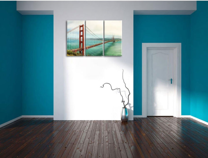 Pixxprint Golden Gate Bridge / 3-Teilig/Gesamtmass 120cm Leinwandbild bespannt auf Holzrahmen/Wandbi
