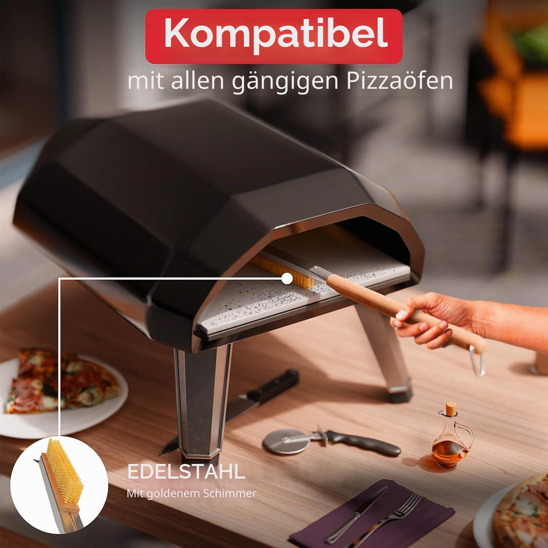 Pizzaofenbürste 55 cm mit Schaber – Reinigungsbürste mit Edelstahlborsten für Pizzaofen & Pizzastein