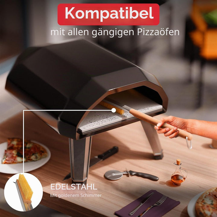Pizzaofenbürste 55 cm mit Schaber – Reinigungsbürste mit Edelstahlborsten für Pizzaofen & Pizzastein