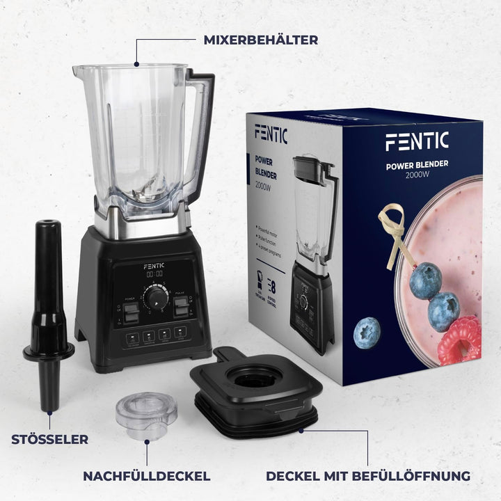 Blender – 2000W - Leistungsstarker Mixer - 2 Liter - Smoothie Maker mit 8 Geschwindigkeiten und 4 Pr
