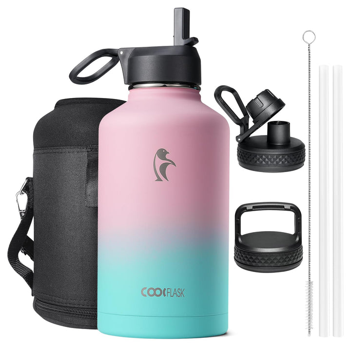 Coolflask Isolierte Wasserflasche 2L mit Strohhalm &amp; 3 Deckeln, Edelstahl Isolierte Wasserflasche fü