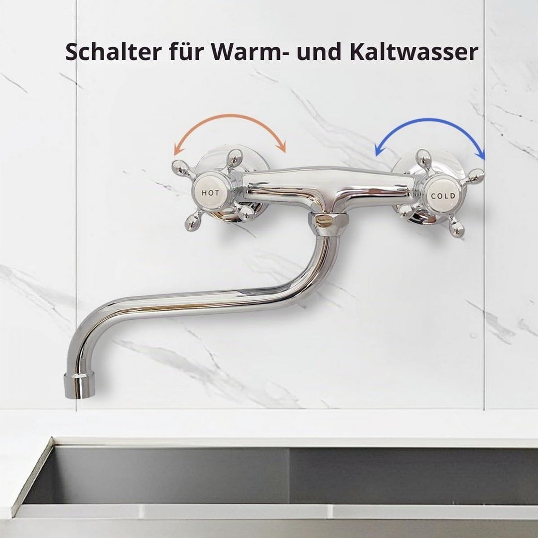 Mischbatterie Küche Wandmontage Chrom, 360°Drehbar Doppelgriff Wasserhahn Küche Messing, Wand Spülti