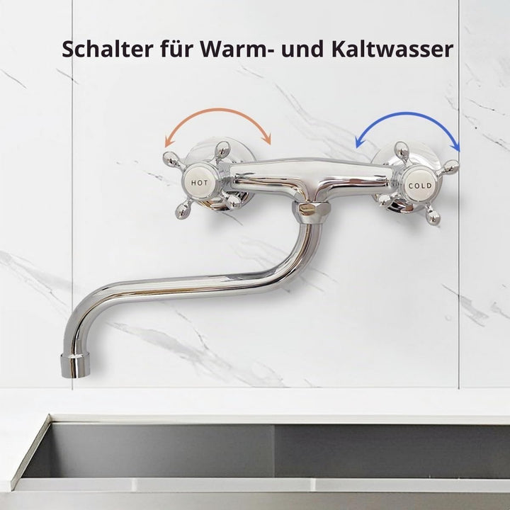 Mischbatterie Küche Wandmontage Chrom, 360°Drehbar Doppelgriff Wasserhahn Küche Messing, Wand Spülti