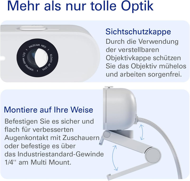 Elgato Facecam Neo – Full HD-Webcam mit komfortabler Sichtschutzkappe, Lichtkorrektur, für Videokonf