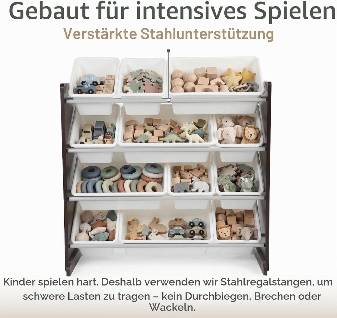 Humble Crew WO562 Kinderregal - Spielzeugregal-Organizer aus Holz mit 12 Aufbewahrungsboxen, Espress