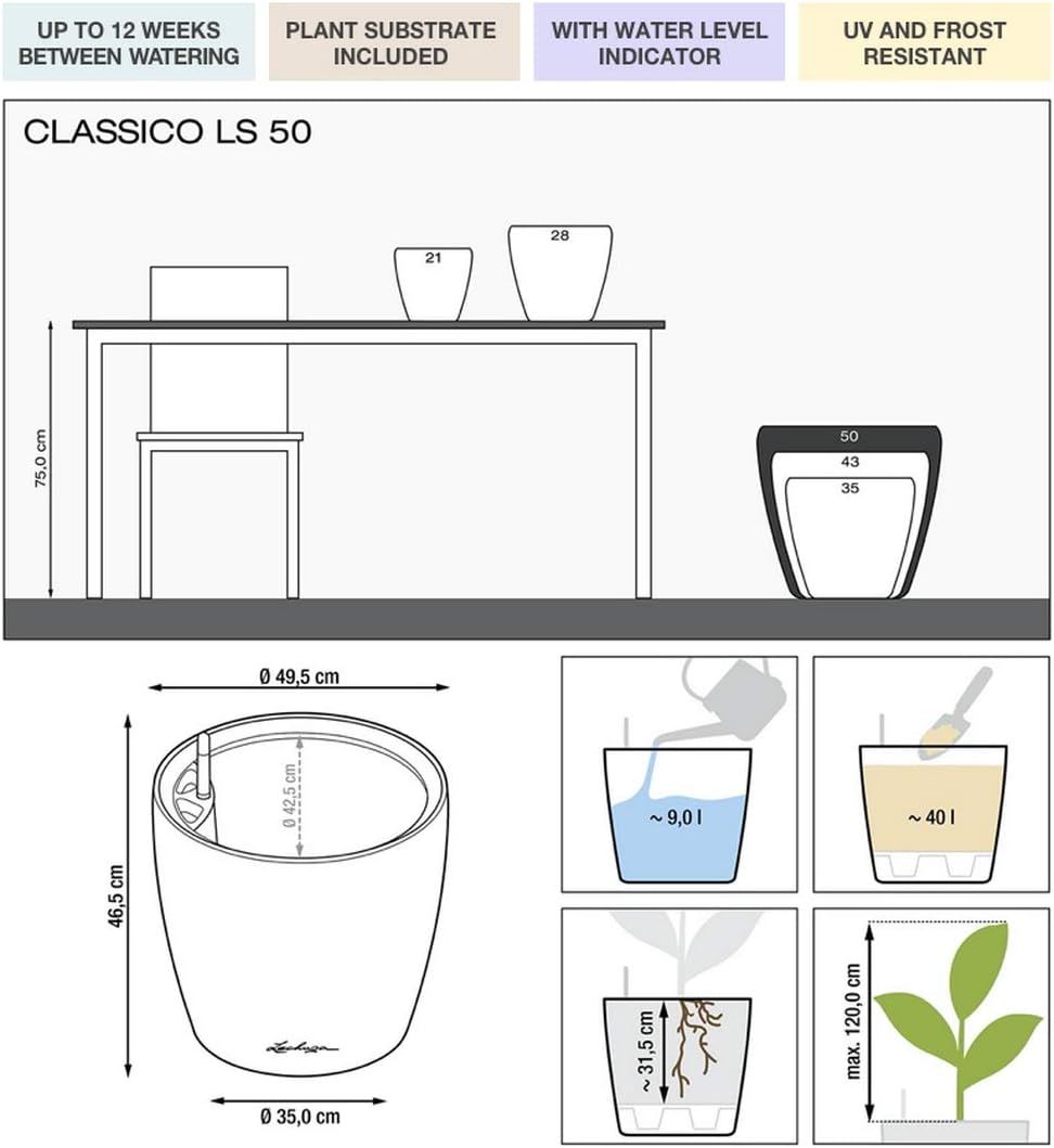 LECHUZA CLASSICO Premium LS 50 anthrazit metallic 16103 49.5x49.5x46.5 cm Anthrazit Metallic Einzel,