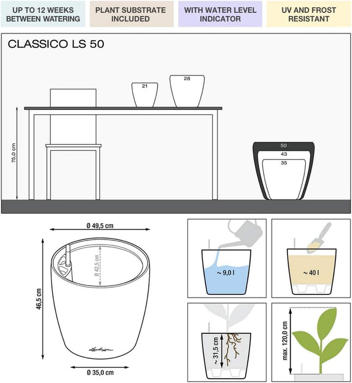 LECHUZA CLASSICO Premium LS 50 anthrazit metallic 16103 49.5x49.5x46.5 cm Anthrazit Metallic Einzel,
