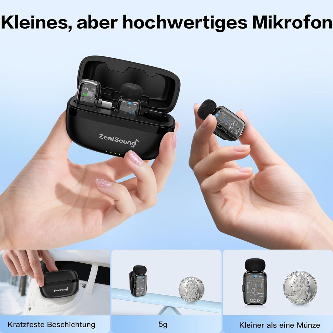 ZealSound Mini Kabellos Mikrofon für iPhone Handy Android iPad, mit USB-C/Lightning-Stecker,Stummsch