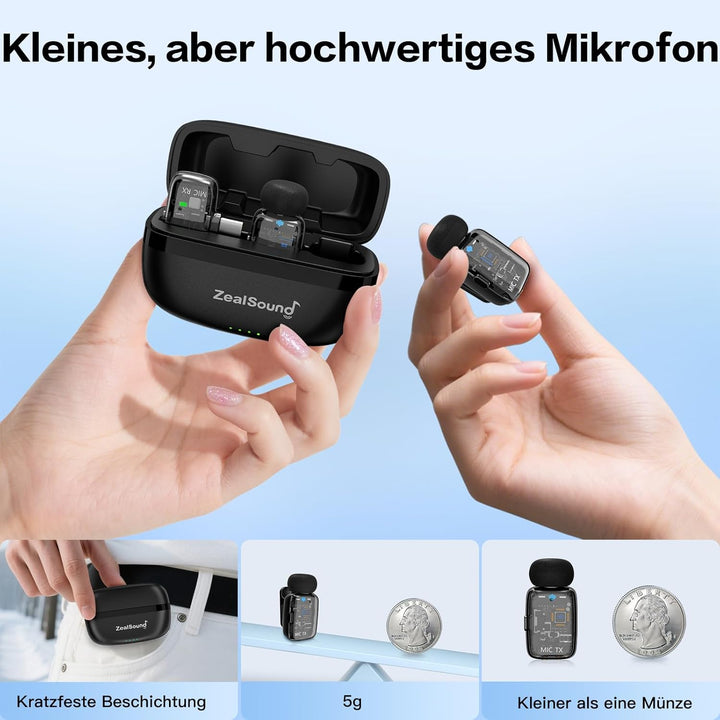 ZealSound Mini Kabellos Mikrofon für iPhone Handy Android iPad, mit USB-C/Lightning-Stecker,Stummsch