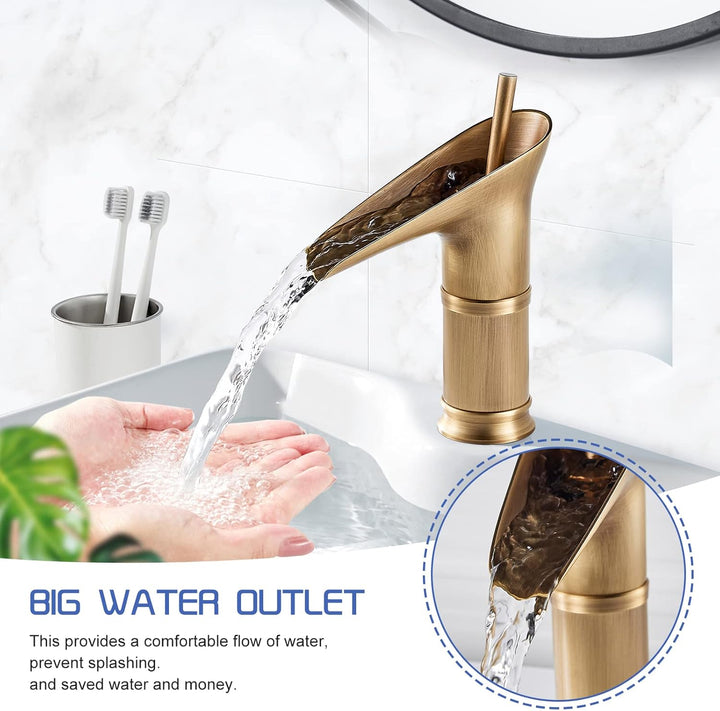 ROWINNAO Wasserfall Wasserhahn Bad Antik Messing, Kurz Waschtischarmatur Bad Retro Gold, Einhebel Ba