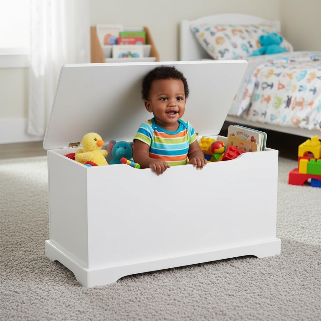 Leomark Kindertruhenbank Weiss aus Holz, Kinderbank Sitzbank Spielzeugtruhe, Weiss