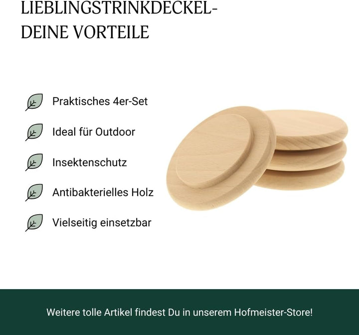 4x HOFMEISTER® Abdeckung für Trinkgläser mit Ø 7-9,5 cm, Anti-Wespen-Deckel aus Holz, Schutz vor Ins